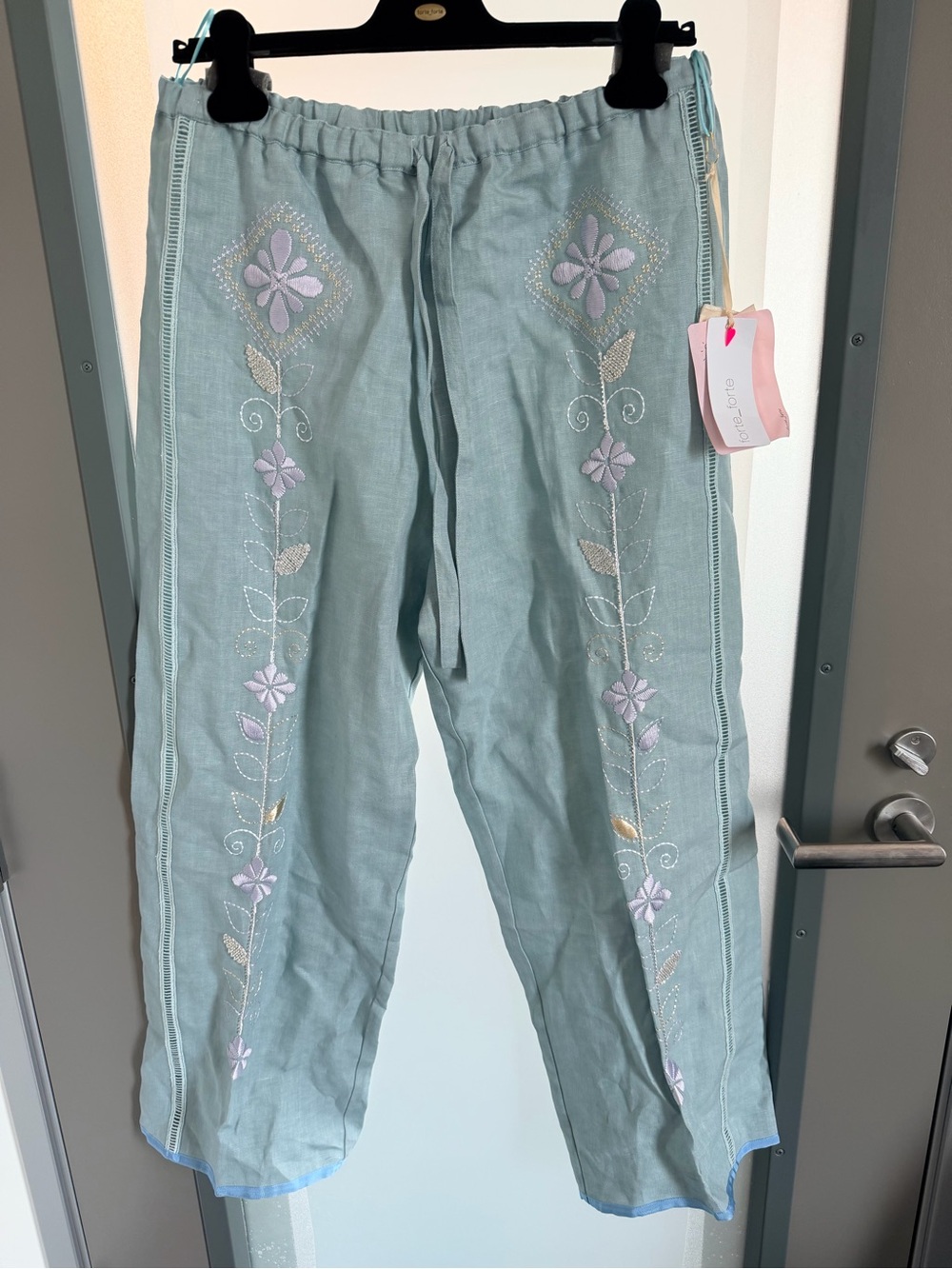 Embroidered Light Sage Straight-Leg Linen Pants